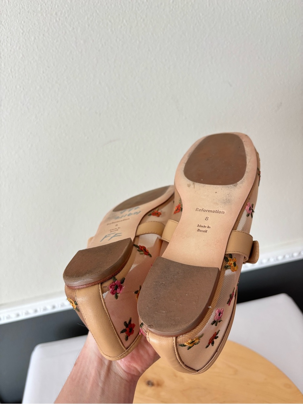 Reformation Bethany Tan Floral Mesh Mary Jane Flats Size 8 - Picture 7 of 9